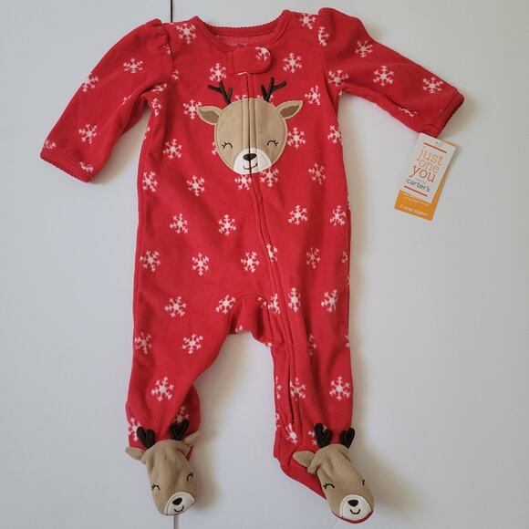 Carter's Just One You Baby Girl Christmas Reindeer Snowflake Fleece Footie Sz 3M - Picture 1 of 7